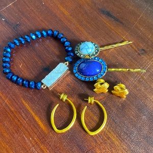Blue and gold jewelry bundle! Oval hoops and X studs set, bracelet, 2 hair pins